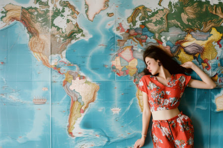 Woman Standing in Front of a Map of the Worldの素材
