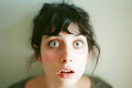 Portrait of a surprised young woman looking at camera. Shallow depth of field.の素材