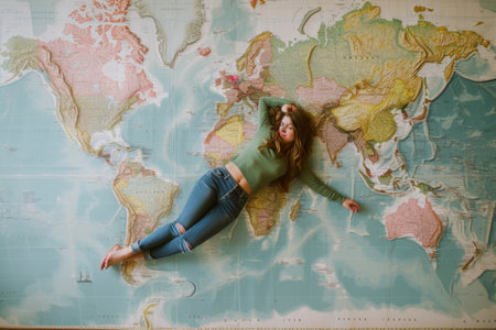 Woman Laying on a Map of the Worldの素材