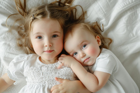 Two Little Girls Laying on Top of a Bedの素材