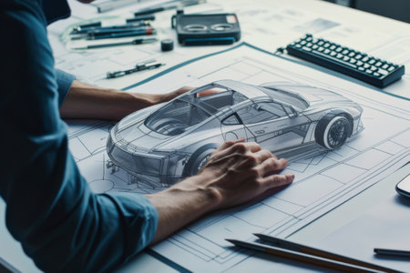 Close-up of a car model on the table with a blueprint.の素材