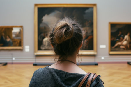 A Woman Examining Paintings in a Museumの素材