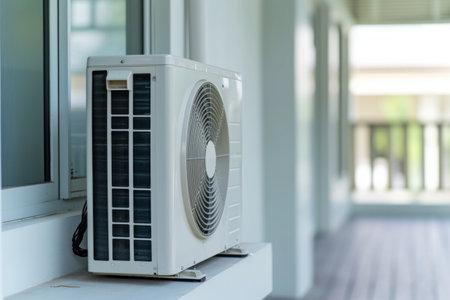 White Air Conditioner on Window Sill, Cooling Solution for Summer Heatの素材