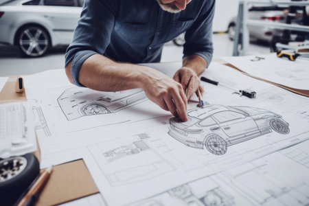 Cropped image of a man working with blueprints in his officeの素材
