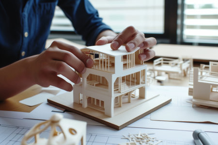 Architect working on architectural project with model of house. Construction concept.の素材