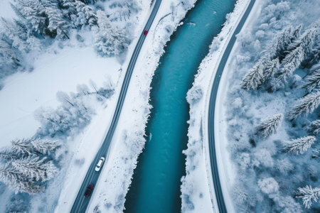Aerial View of River Flowing Through Snowy Forest in Winterの素材