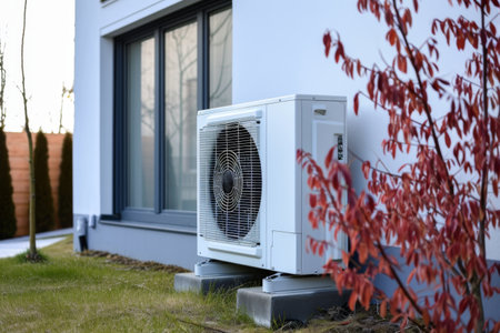 White Air Conditioner Outside House - Cool Your Home Efficiently and Stay Comfortableの素材