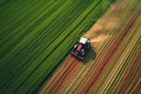 Aerial View of a Tractor Plowing a Field, Efficient Farming in Actionの素材