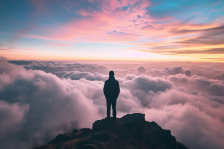 Silhouette of a woman standing on top of a mountain and looking at the sunriseの素材