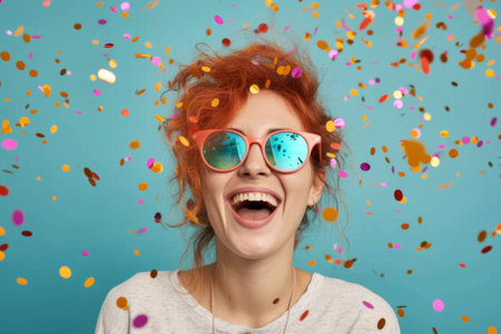 Funny young woman with red hair and blue eyeglasses having fun under confetti on blue backgroundの素材