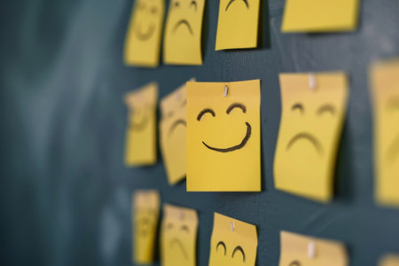 Yellow sticky notes with smiley faces on the wall in the officeの素材