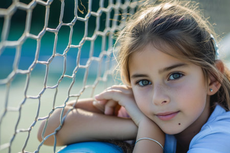 Young Girl Leans Against Net, Engrossed in Her Surroundingsの素材
