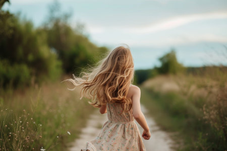A Little Girl Walking Down a Dirt Roadの素材