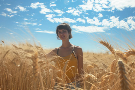 Young woman in yellow dress standing in wheat field and looking at cameraの素材