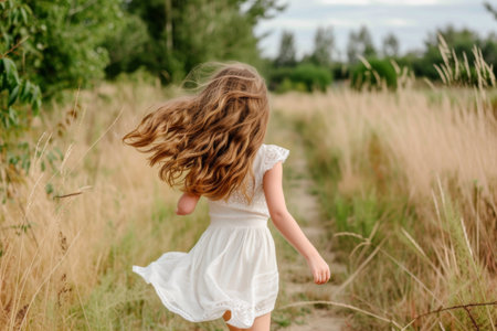 Little Girl in a White Dress Running Through a Fieldの素材