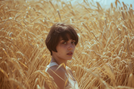 Young pretty woman or girl with cute face in wheat field on sunny summer dayの素材