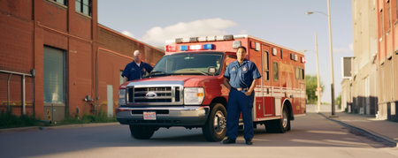 Two Men Standing Next to a Red Fire Truckの素材