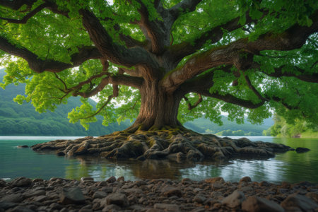 Majestic Tree Perched on Rocky Shoreの素材