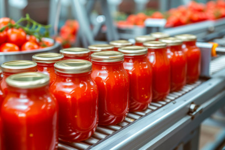 Line of Jars Filled With Tomatoes on Conveyor Beltの素材