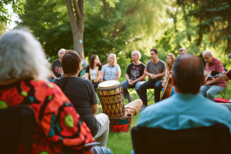 Group of People Sitting in the Grass Playing Instrumentsの素材
