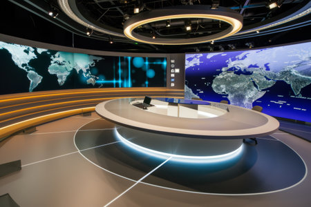 Television Studio With Big Screen and World Map on Wallの素材