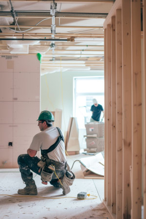 Man Kneeling Down in Room Under Construction - Worker Engaged in Building Processの素材