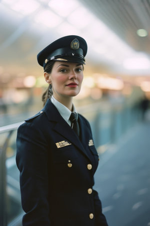 Woman in Uniform Standing in an Airportの素材