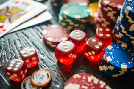 Table Covered With Numerous Red and Blue Diceの素材