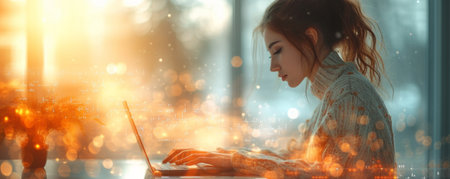 Woman Sitting in Front of a Laptop Computerの素材