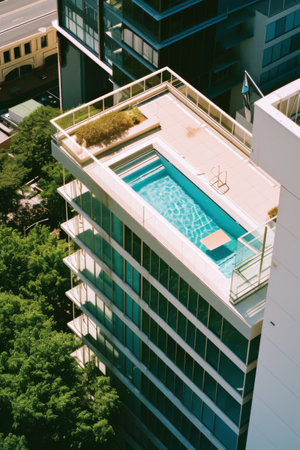Aerial View of a Building With a Swimming Poolの素材