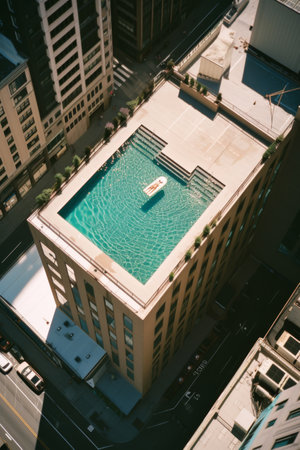 Aerial View of a Swimming Pool in a Cityの素材