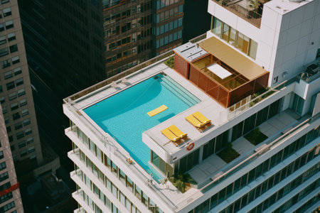 Aerial View of a Swimming Pool on Top of a Buildingの素材