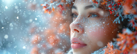 Woman Looking Out of Snow-Covered Windowの素材