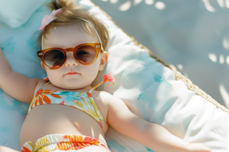 Little Girl Wearing Sunglasses Laying on a Blanketの素材