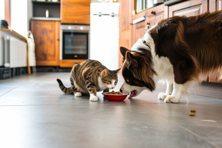 Dog and Cat Eating Out of a Bowlの素材