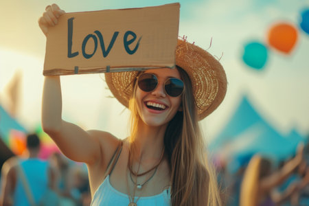 Woman Wearing Hat and Sunglasses Holding Love Signの素材