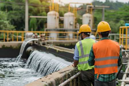 Two Men in Safety Vests Observing a Water Sourceの素材