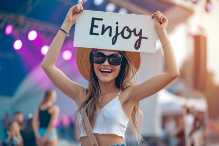 Smiling Woman Holding Sign Saying Enjoyの素材