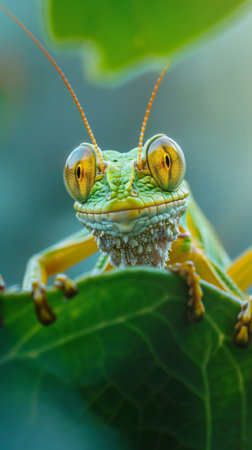 Close-Up Photo of Grasshopper Resting on Leafの素材