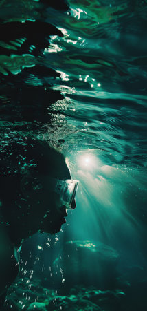 A man swims in the ocean while holding a book in his hand.の素材