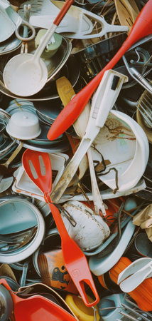 A pile of dirty dishes and utensils stacked on top of each other, demonstrating the aftermath of a meal.の素材