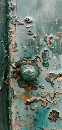 A detailed view of a green door displaying rust and weathered textures.の素材
