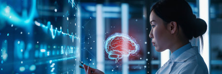 Woman Analyzing Brain Data Displayed on Computer Screenの素材