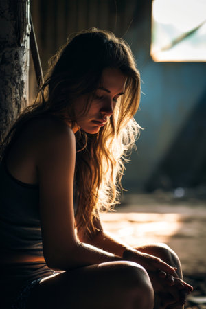 Woman Sitting on Ground in Dark Room, Solitude and Contemplationの素材