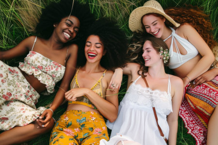 Group of Women Laying on Top of a Lush Green Fieldの素材