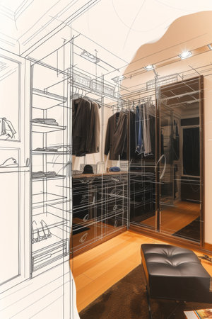 Drawing of a Closet With Clothes and Shoesの素材