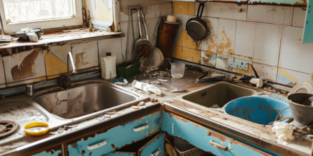 A Dirty Kitchen With a Sink and a Windowの素材