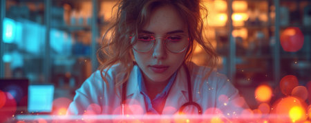 doctor With Stethoscope Looking at Computer Screenの素材