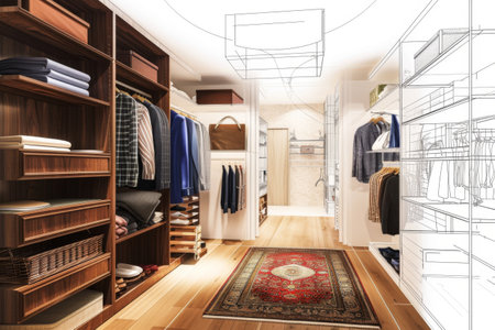 Drawing of a Walk-in Closet With a Rug on the Floorの素材