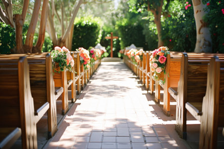 Row of Wooden Benches Aligned in a Straight Line in Outdoor Settingの素材